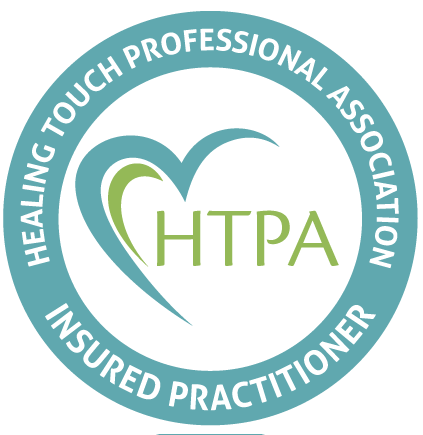 Logo of the Healing Touch Professional Association with the acronym HTPA inside a heart shape, surrounded by a circular teal border with the text 'Healing Touch Professional Association' and 'Insured Practitioner'.