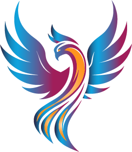 Colorful stylized phoenix with outstretched wings.