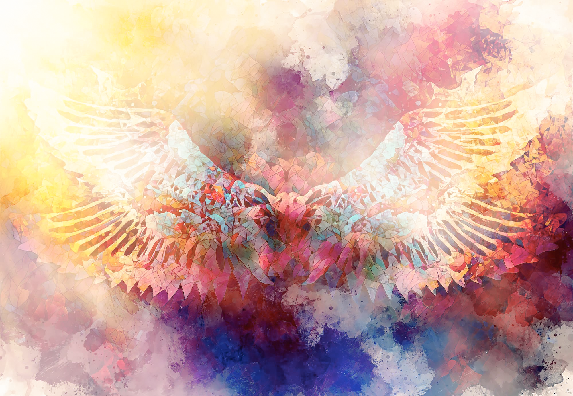 A colorful, abstract digital artwork depicting a stylized dove with outstretched wings, blending into a vibrant watercolor background.