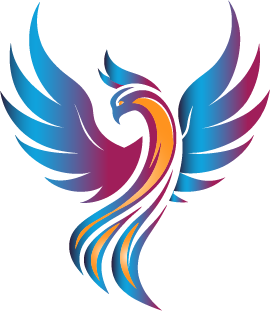 Stylized phoenix with rainbow-colored wings and body.