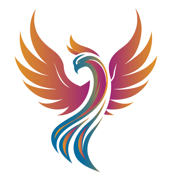 A colorful abstract illustration resembling a stylized bird or phoenix with flowing lines and vibrant colors.