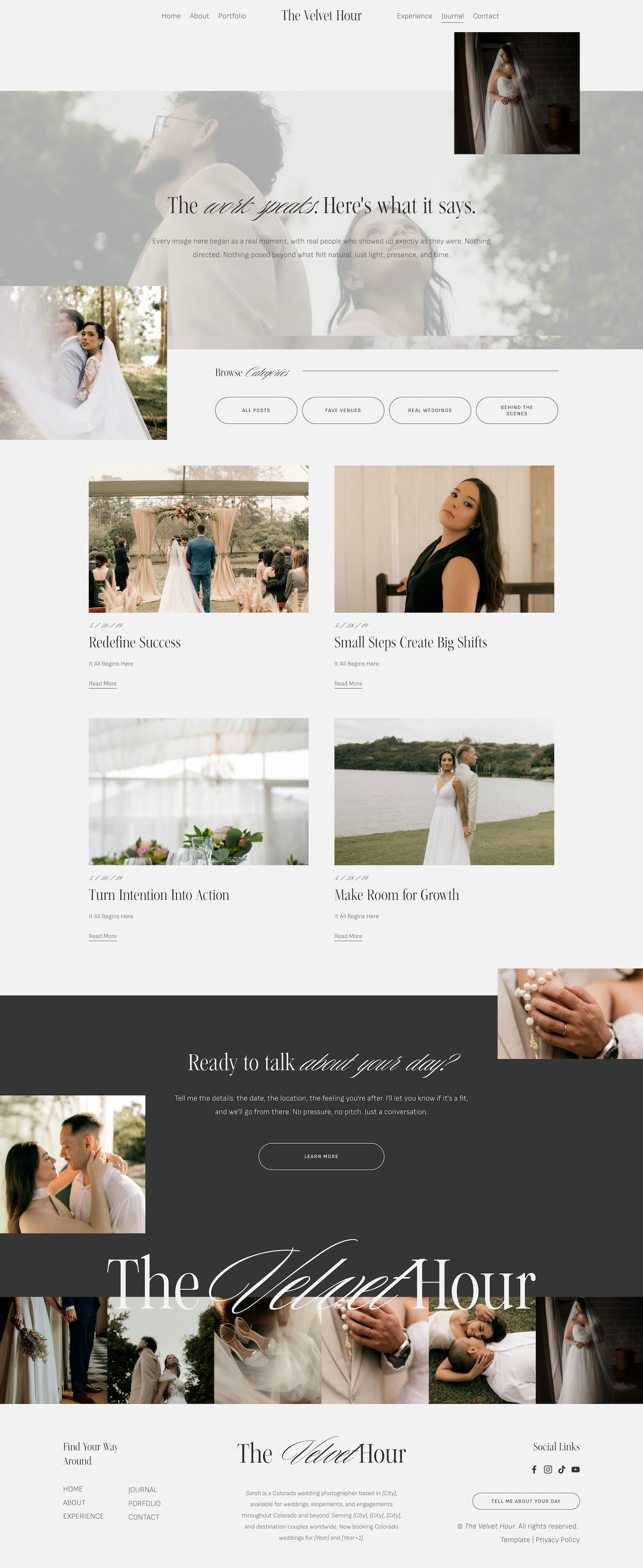the velvet hour squarespace template blog page