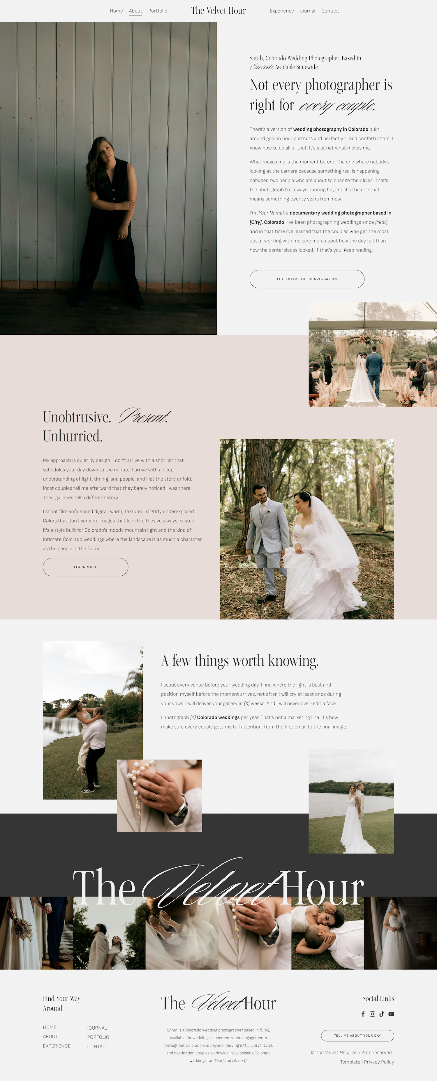the velvet hour squarespace template about page