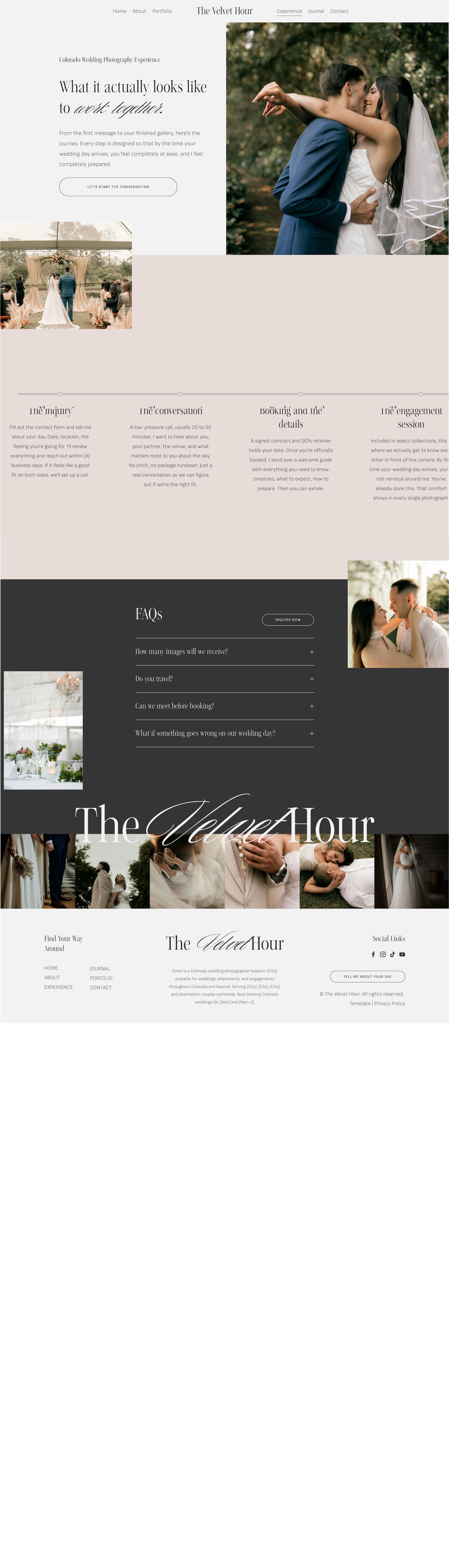 the velvet hour squarespace template experience page