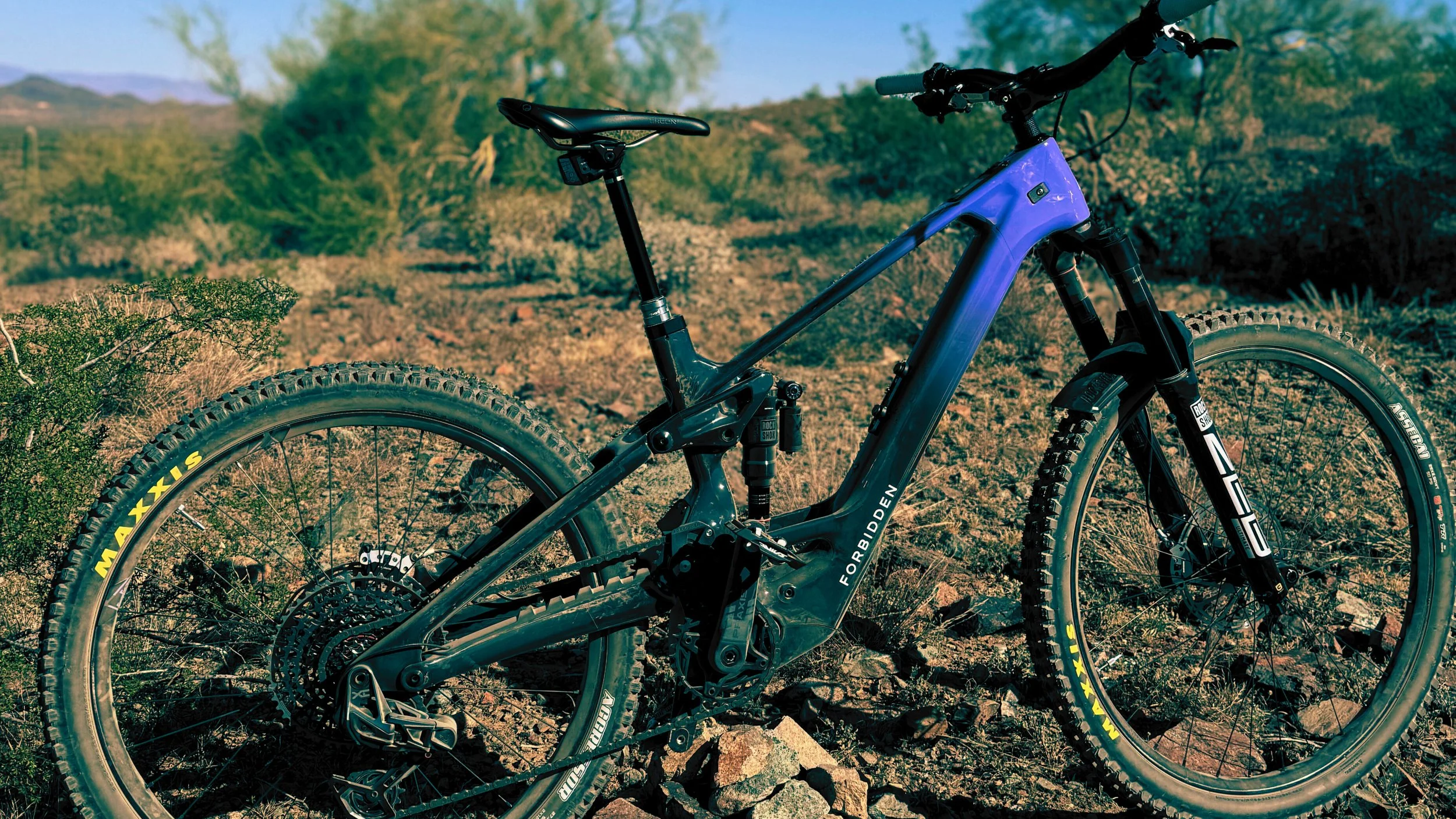 A black and purple Forbidden Druid LitE mountain bike on rocky desert terrain with desert shrubs and distant mountains in the background.