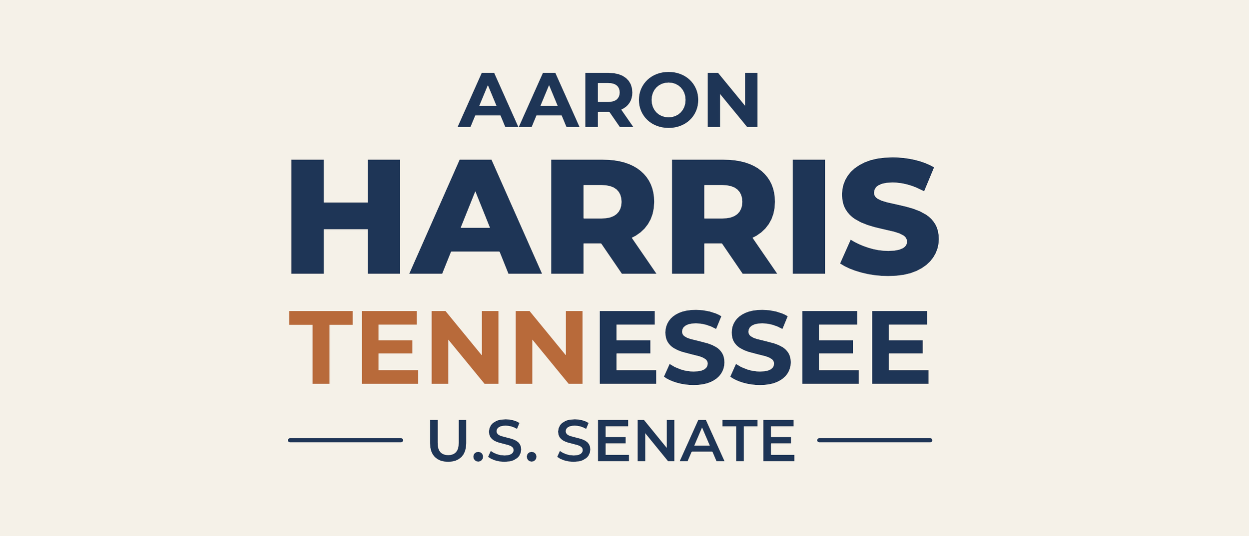Campaign sign with candidate name Aaron Harris, running for U.S. Senate in Tennessee, featuring a beige background and text in navy blue and brown.
