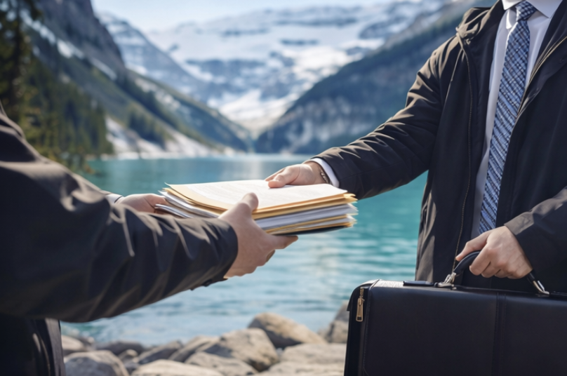 Two people exchanging documents by a lake with mountains in the background.