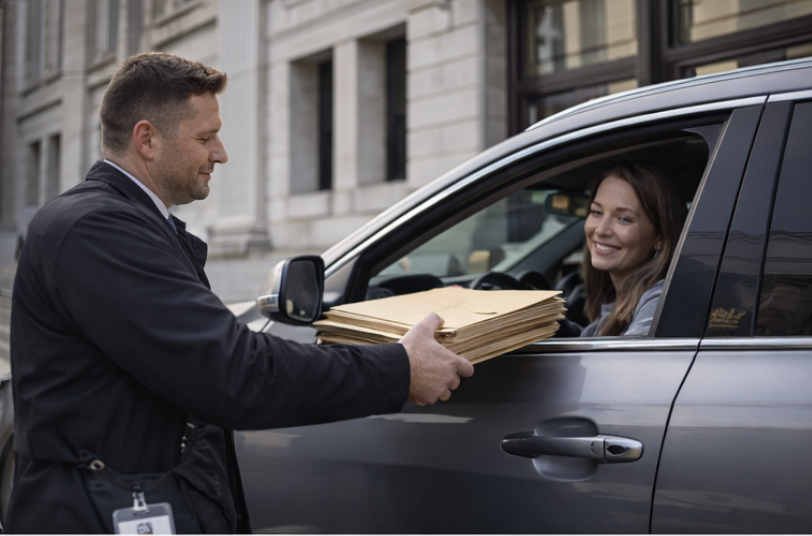 Man handing woman in car a large stack of manila envelopes on a city street.