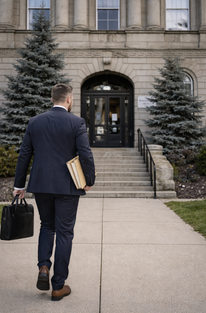 A man in a navy suit walking towards a building entrance with steps, carrying a black briefcase and a folder, with two evergreen trees on either side.