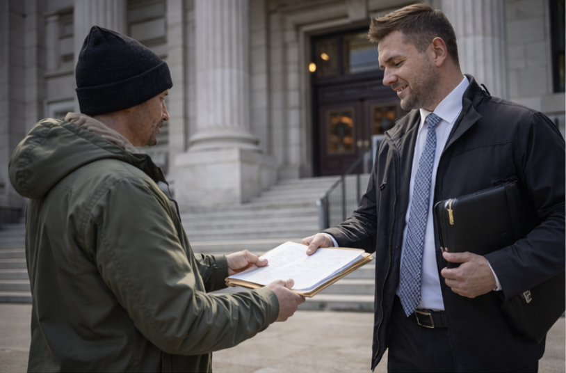 Two men standing outside a building with stairs, exchanging documents and smiling.