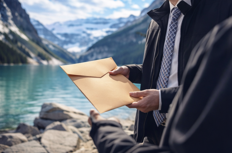 Two people, one holding a brown envelope, near a lake with mountains and cloudy sky in the background.
