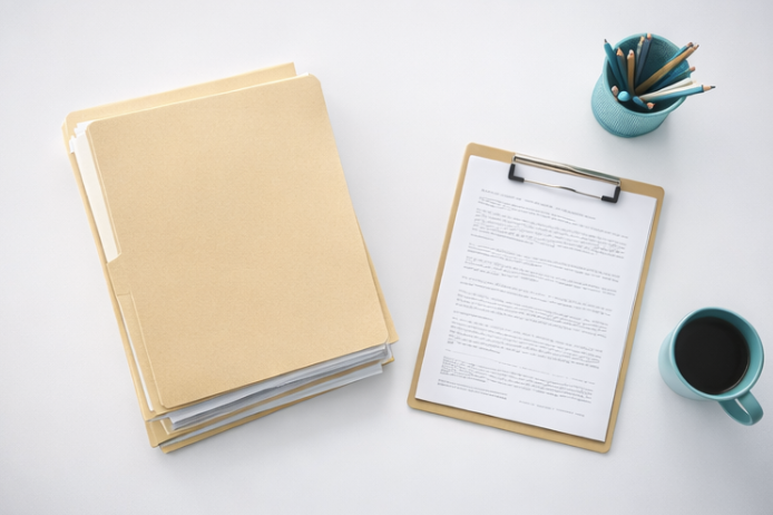 Organized desk with tan file folders, a clipboard with printed documents, a teal cup holding pencils, and a teal mug of coffee on white surface.