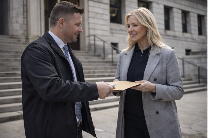 A man in a suit and woman in a gray blazer exchanging a document outside a government building with stairs.