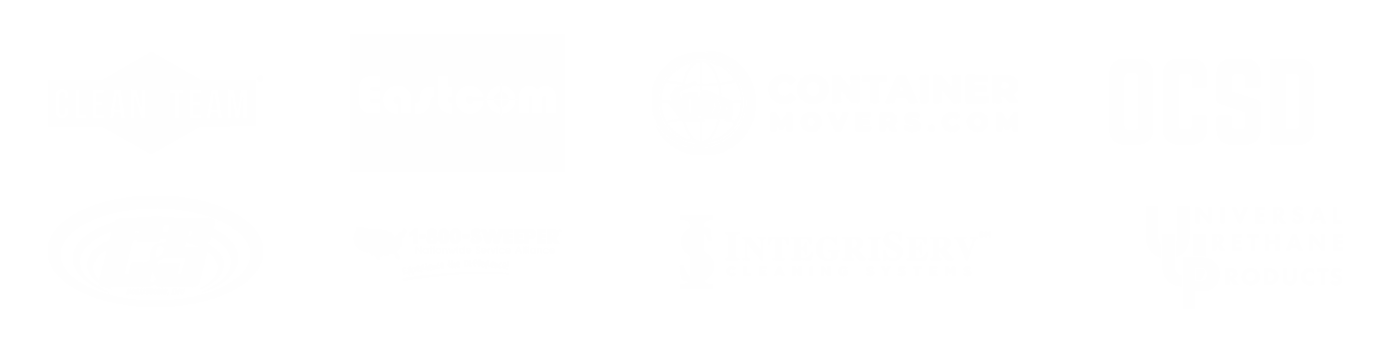 Collection of logos for cleaning and moving companies, including 'Clean Team,' 'Eastcom,' 'Container Movers,' 'OCSD,' 'ICG,' '1-800-Sweeper,' 'IntegriServ,' and 'Universal Urethane Products.'
