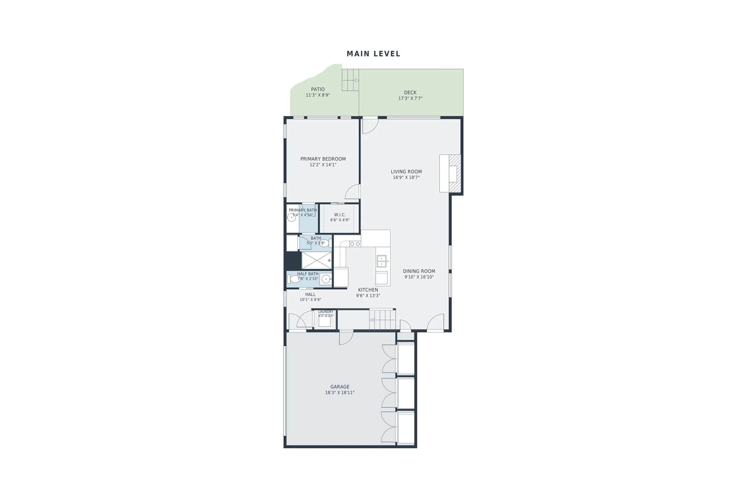 A detailed floor plan of a house layout showing rooms such as the garage, hall, laundry, kitchen, dining room, bath, primary bath, primary bedroom, living room, patio, deck, and outdoor areas with measurements.