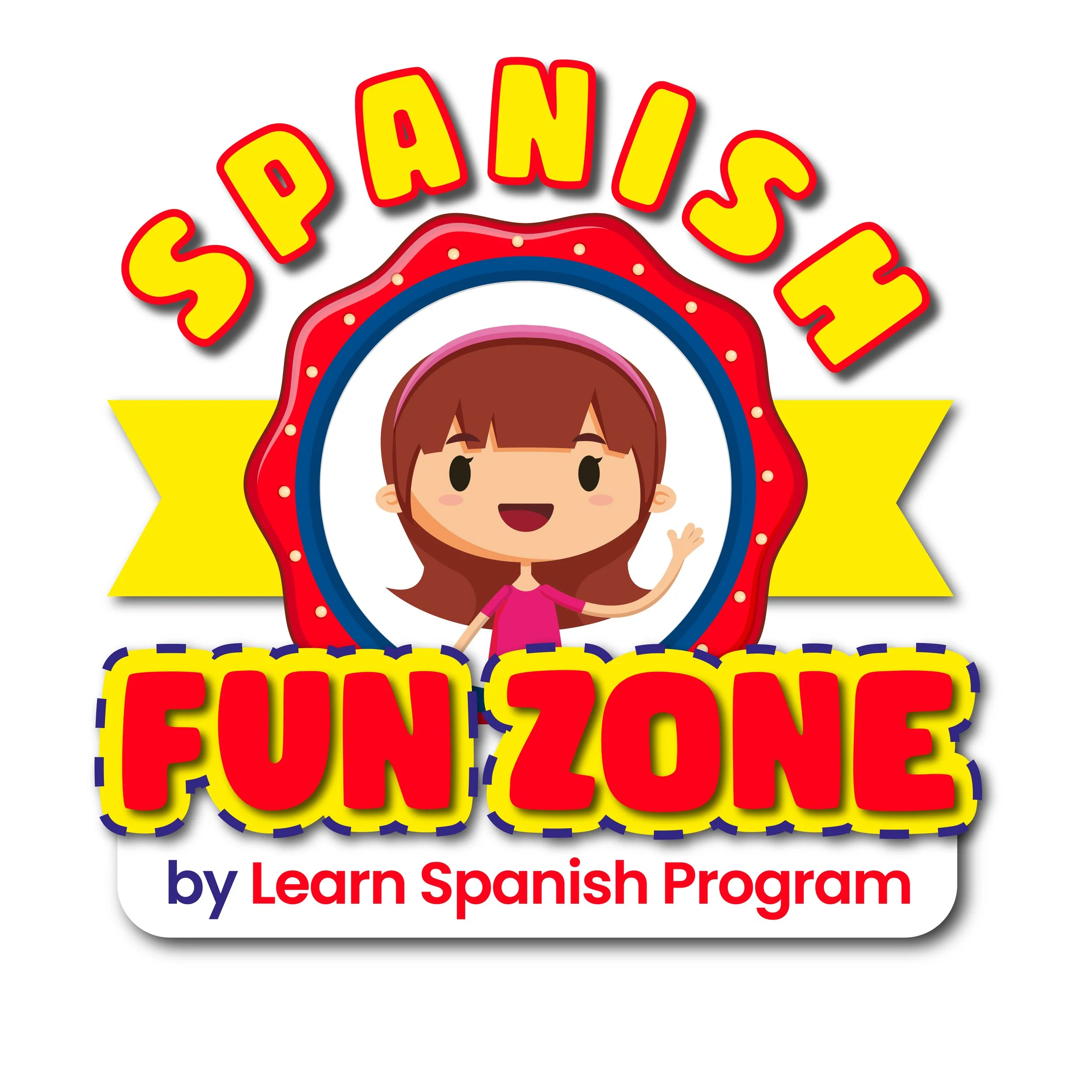 Colorful sign advertising a fun learning Spanish program with a cartoon girl and the words 'SPANISH FUN' in bold letters.