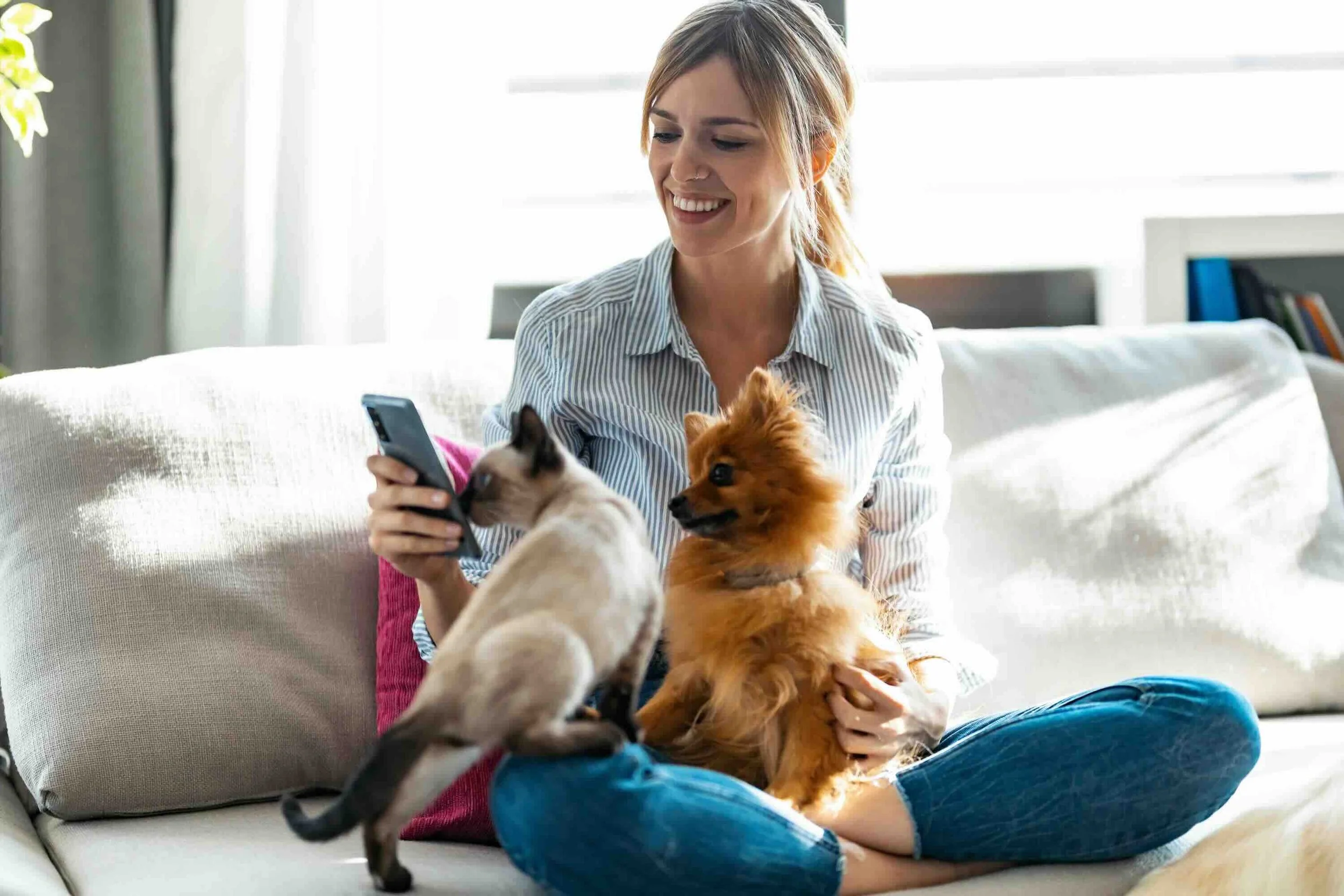 A woman sitting on a sofa with a Siamese kitten and a Pomeranian dog, smiling at her phone in a bright living room.