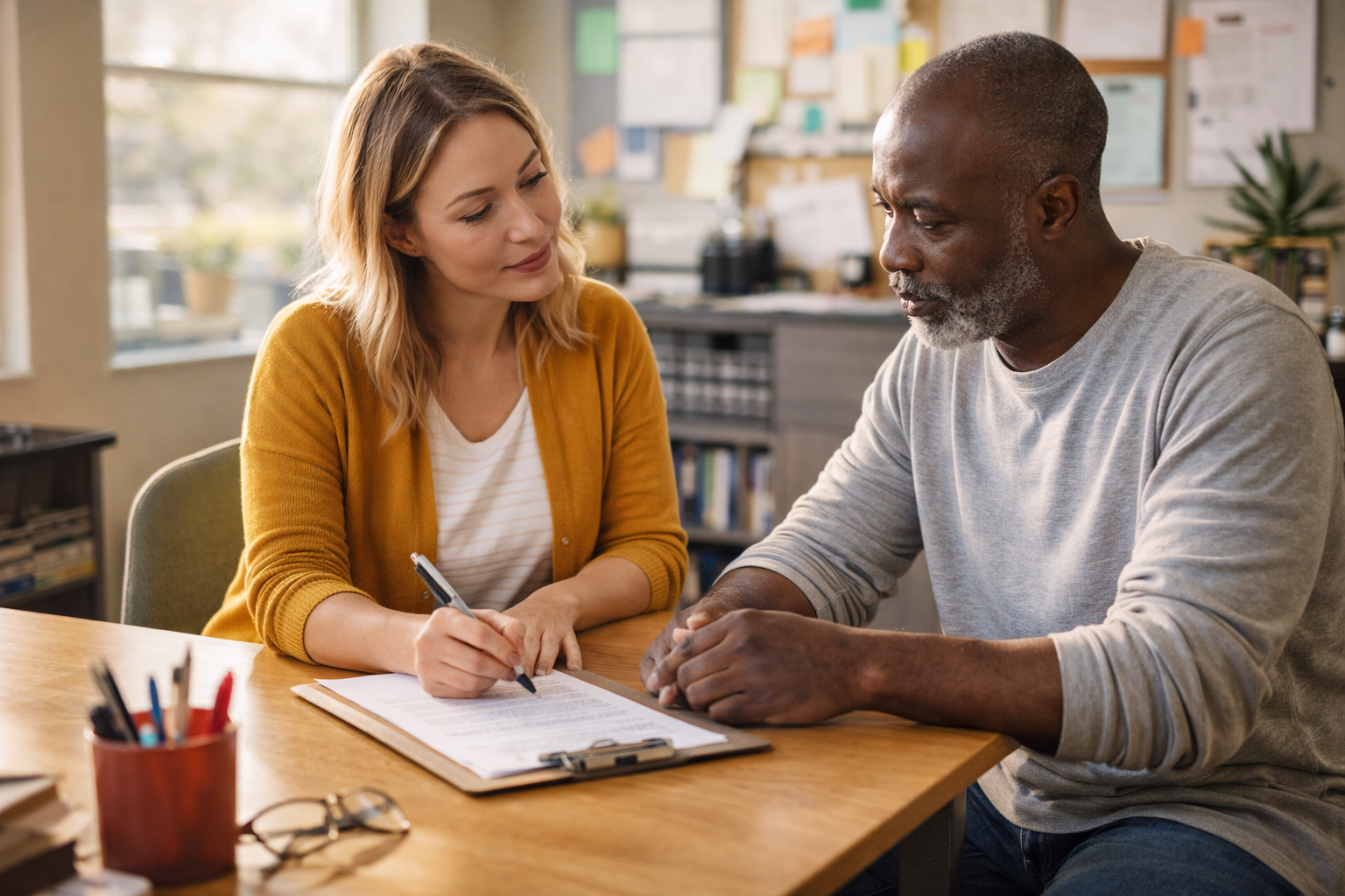 A woman and a man sit at a desk in an office, engaged in a conversation, with the woman pointing to documents on a clipboard.