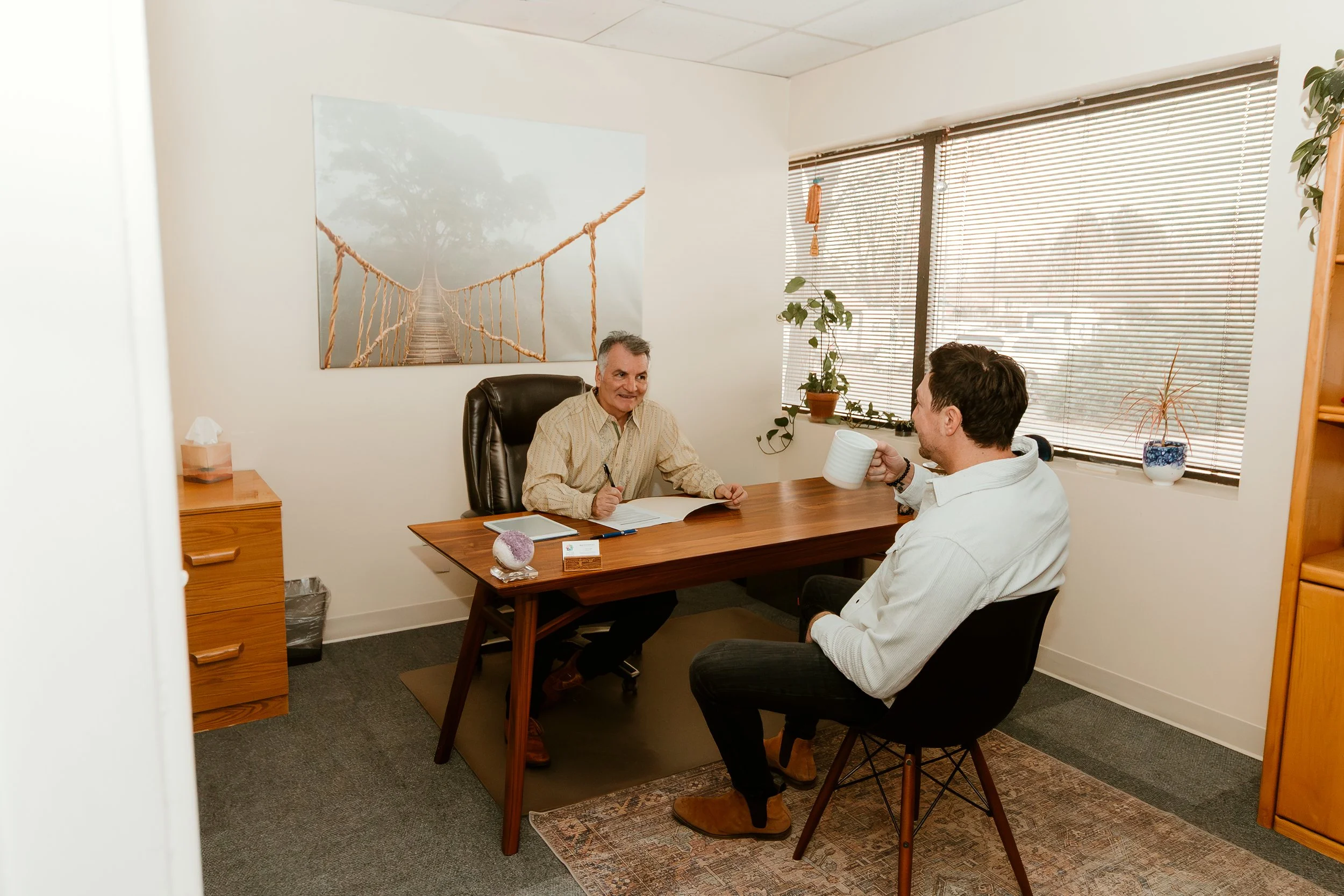 Two men having a business meeting in an office, one behind the desk and the other sitting across from him with a mug. The office has a large window with blinds, a potted plant, and wall art of a rope bridge.