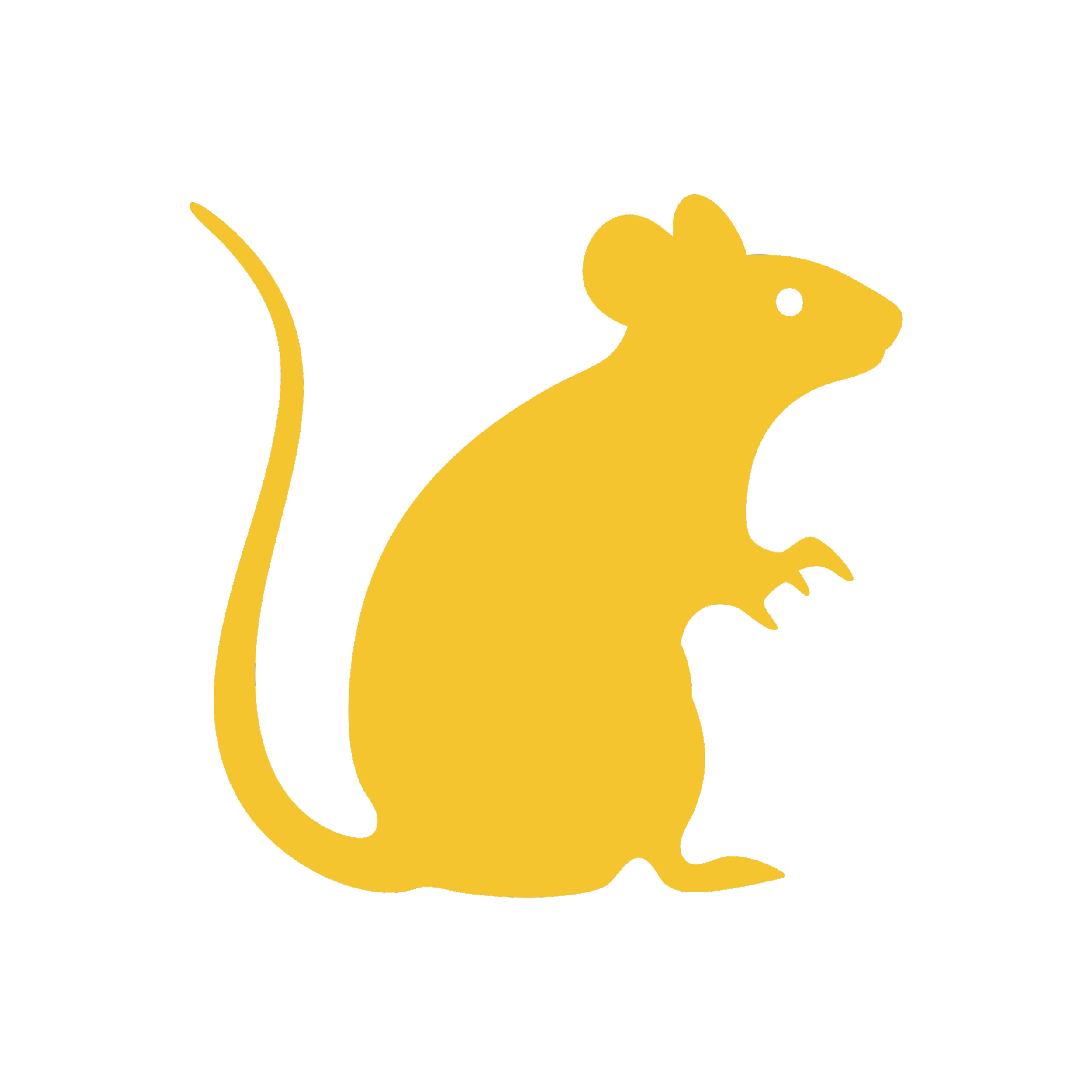 A stylized cartoon yellow mouse with a long tail and large ears, facing to the right, on a black background.