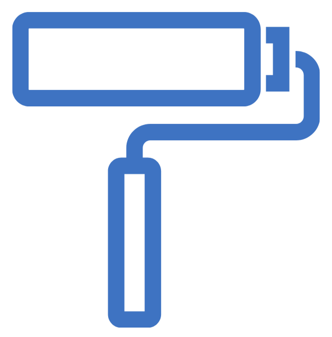 Illustration of a paint roller with a blue handle and a roller cover, used for painting walls or surfaces.