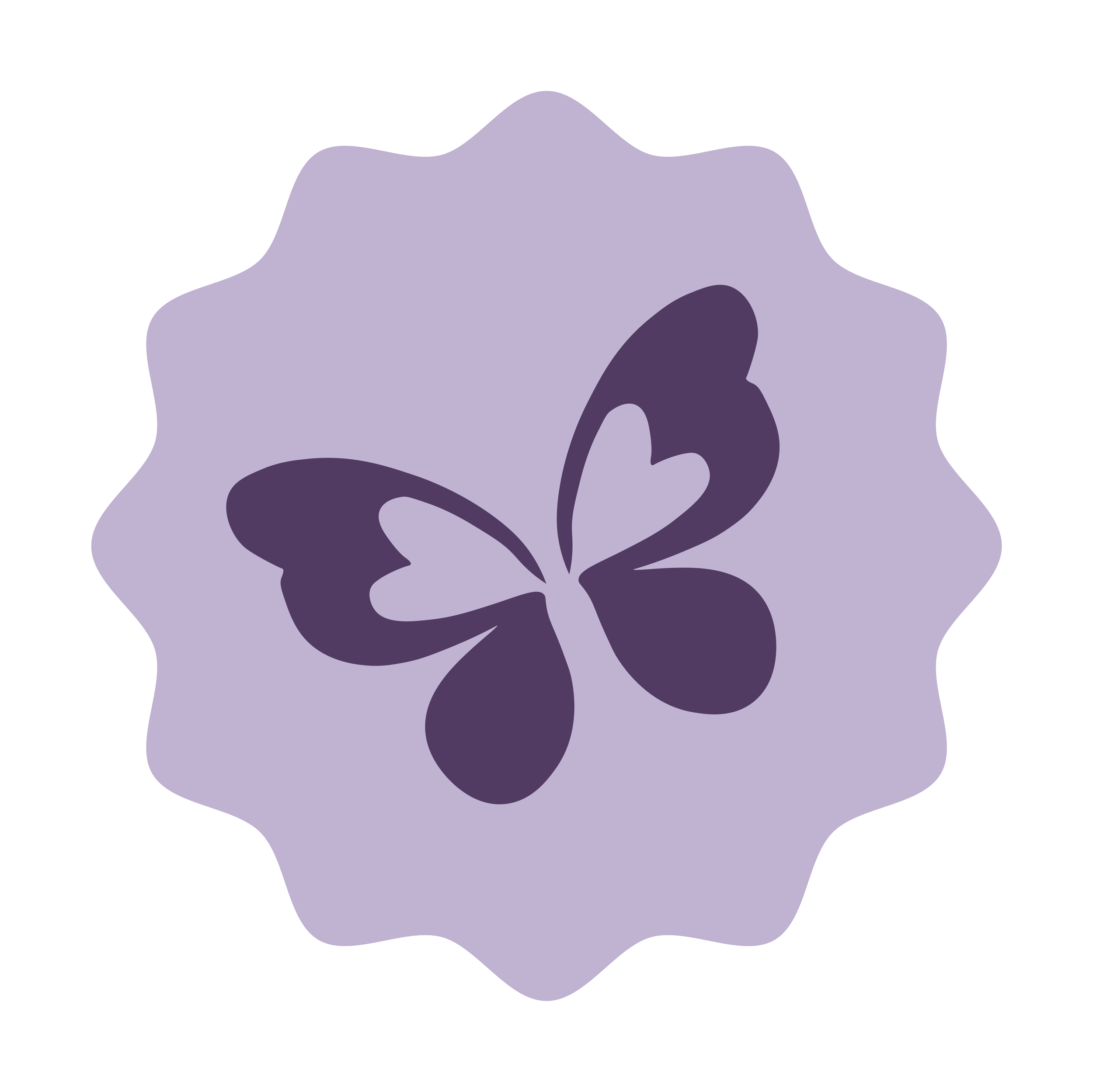 dark purple Kids Welcomed butterfly icon within a lavender purple scalloped badge