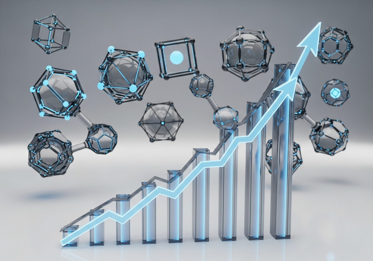 Graphic showing a rising financial chart with a 3D model of molecules in the background.