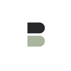 A logo with a stylized letter B, split into two halves, black on top and light green on bottom, on a white background.