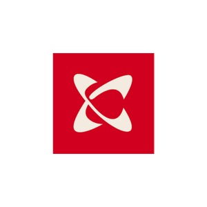Red background with a white abstract logo resembling a stylized 'X' and orbit-like shapes surrounding it.