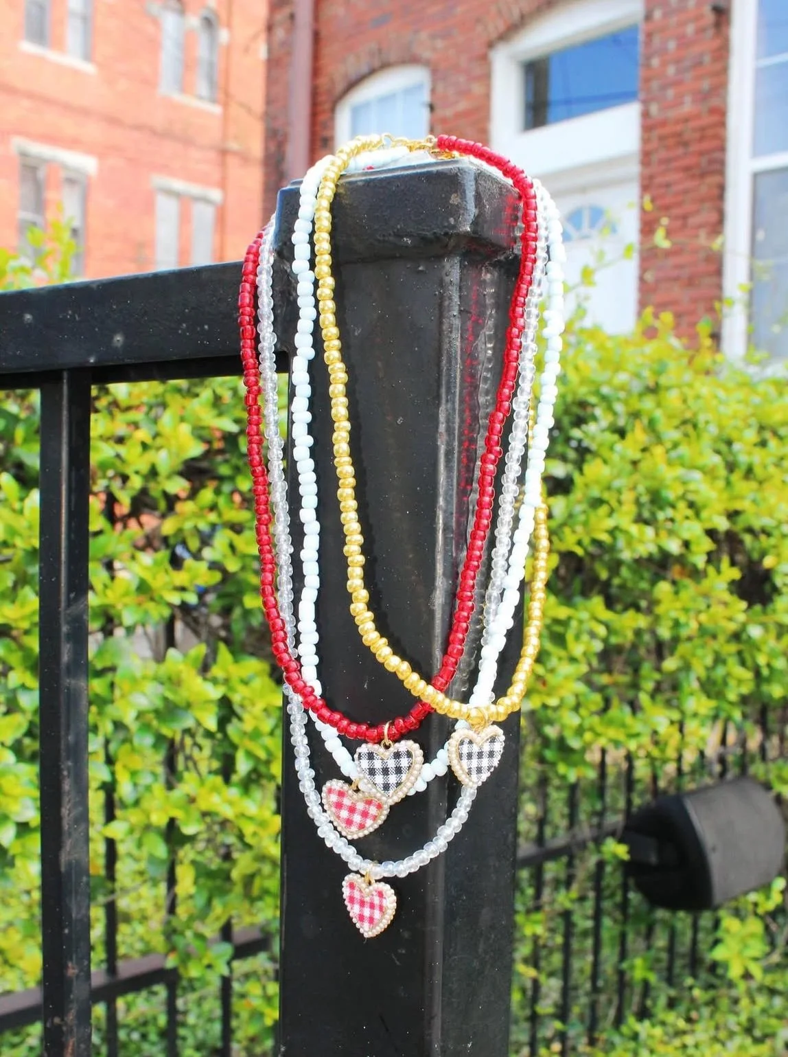 Beaded heart-necklace available for custom order in a variety of colors.