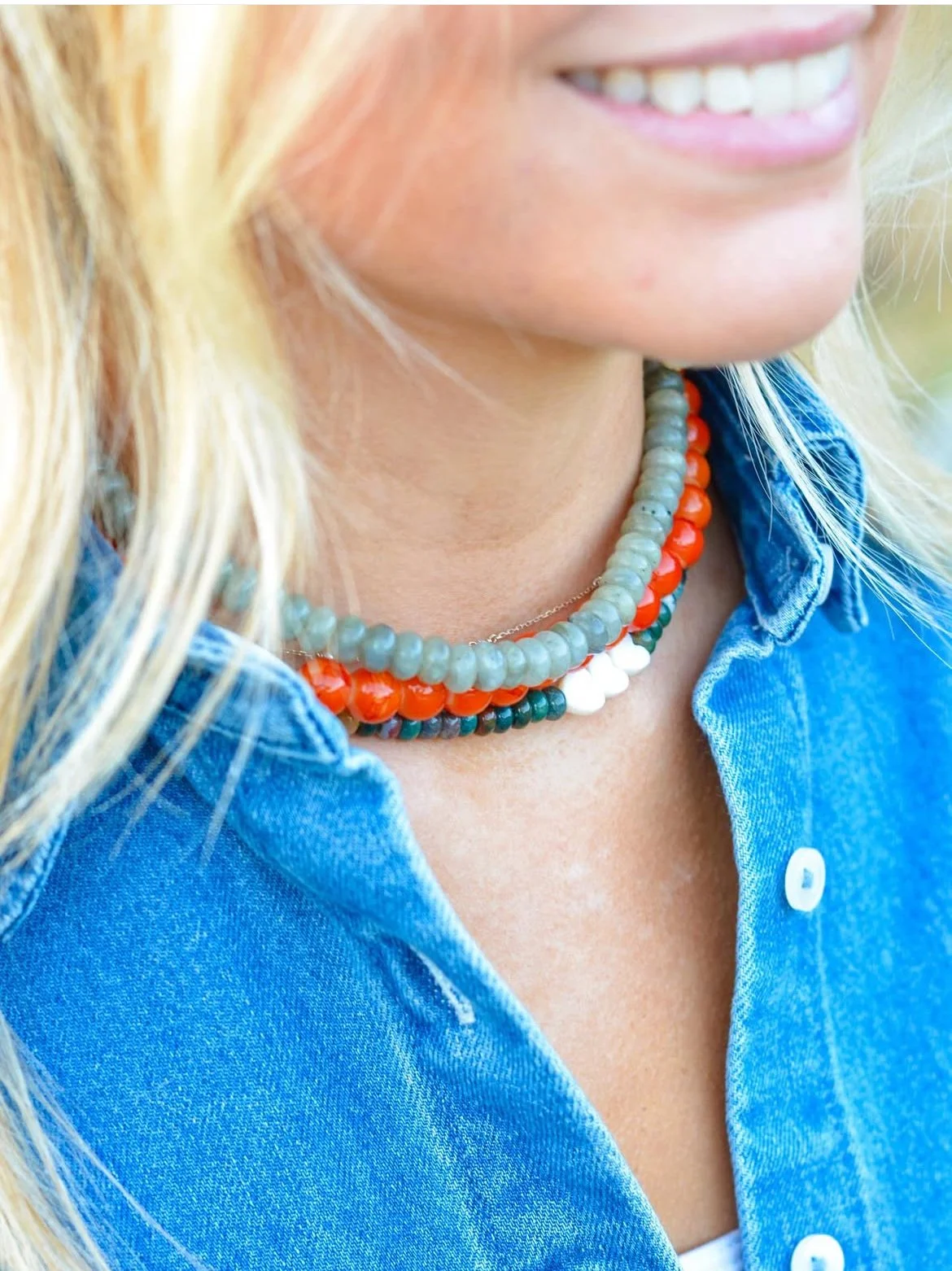 Green & Orange Pearl Necklace Stack