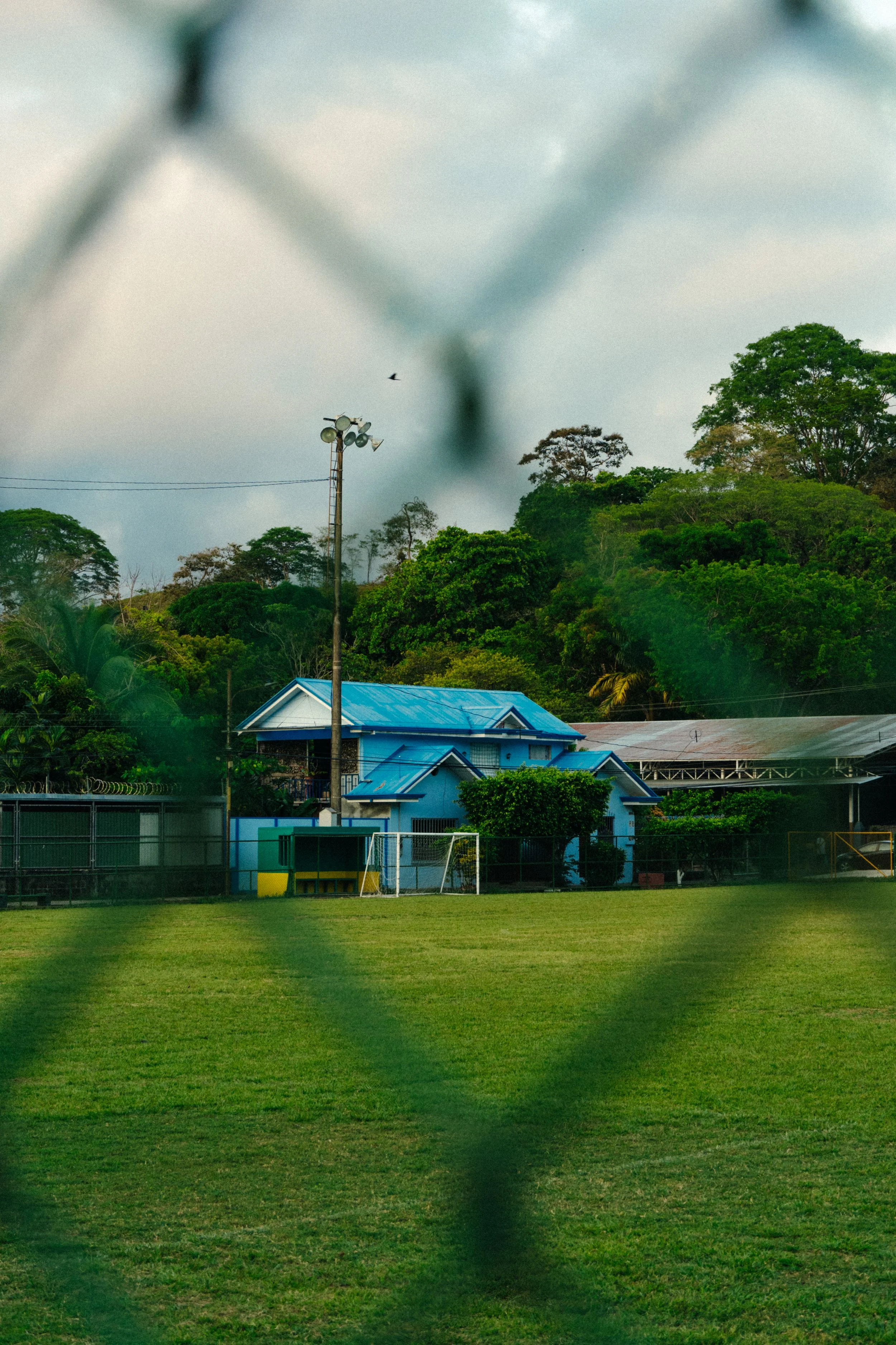 A sports field with green grass and a goalpost, surrounded by a fence. In the background, there are houses with blue roofs and a tall light pole with multiple floodlights. There are trees on a hillside and a cloudy sky, with a bird flying overhead.