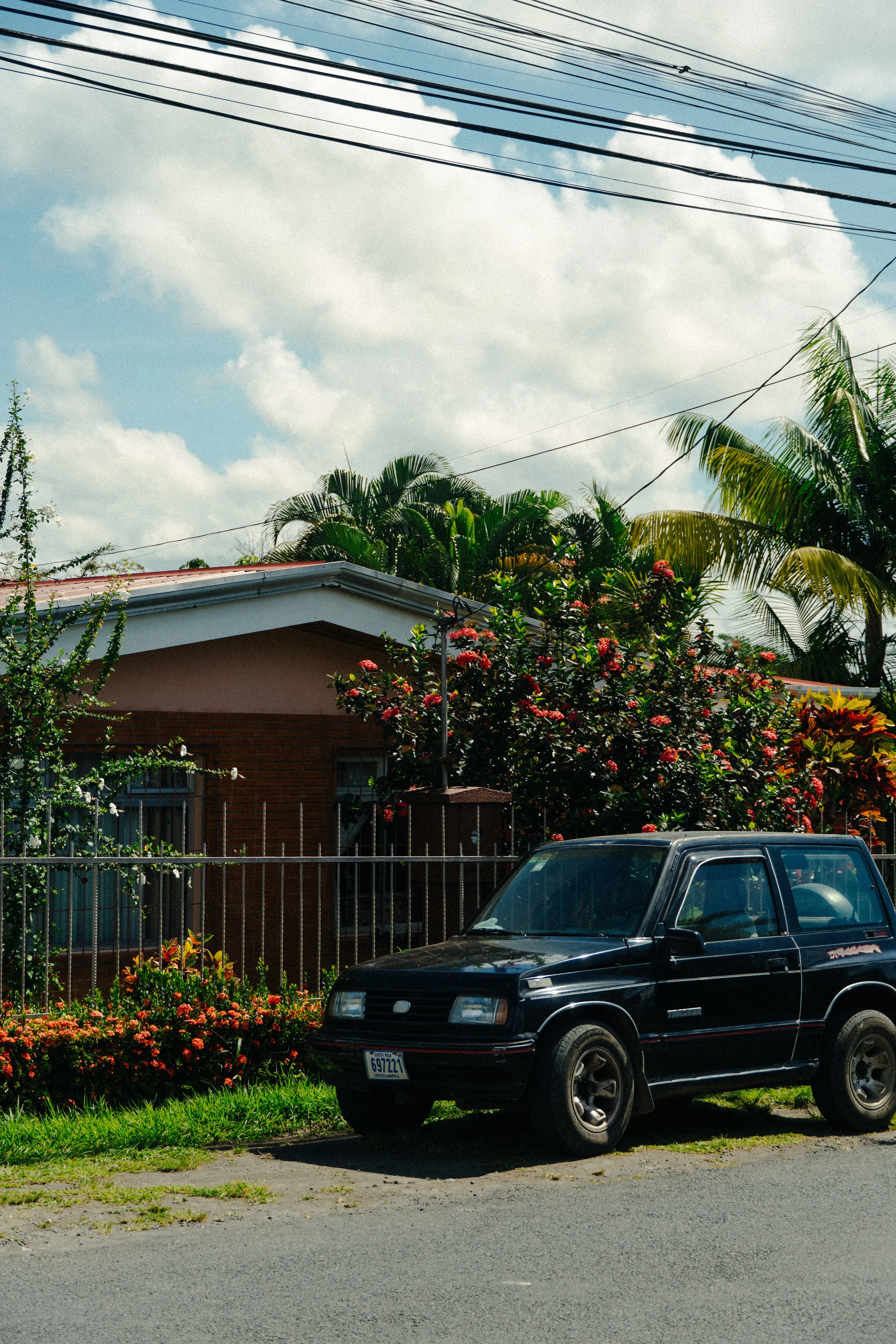 A black car parked on a residential street in front of a house with plants and flowers in the yard, under a partly cloudy sky with power lines overhead.