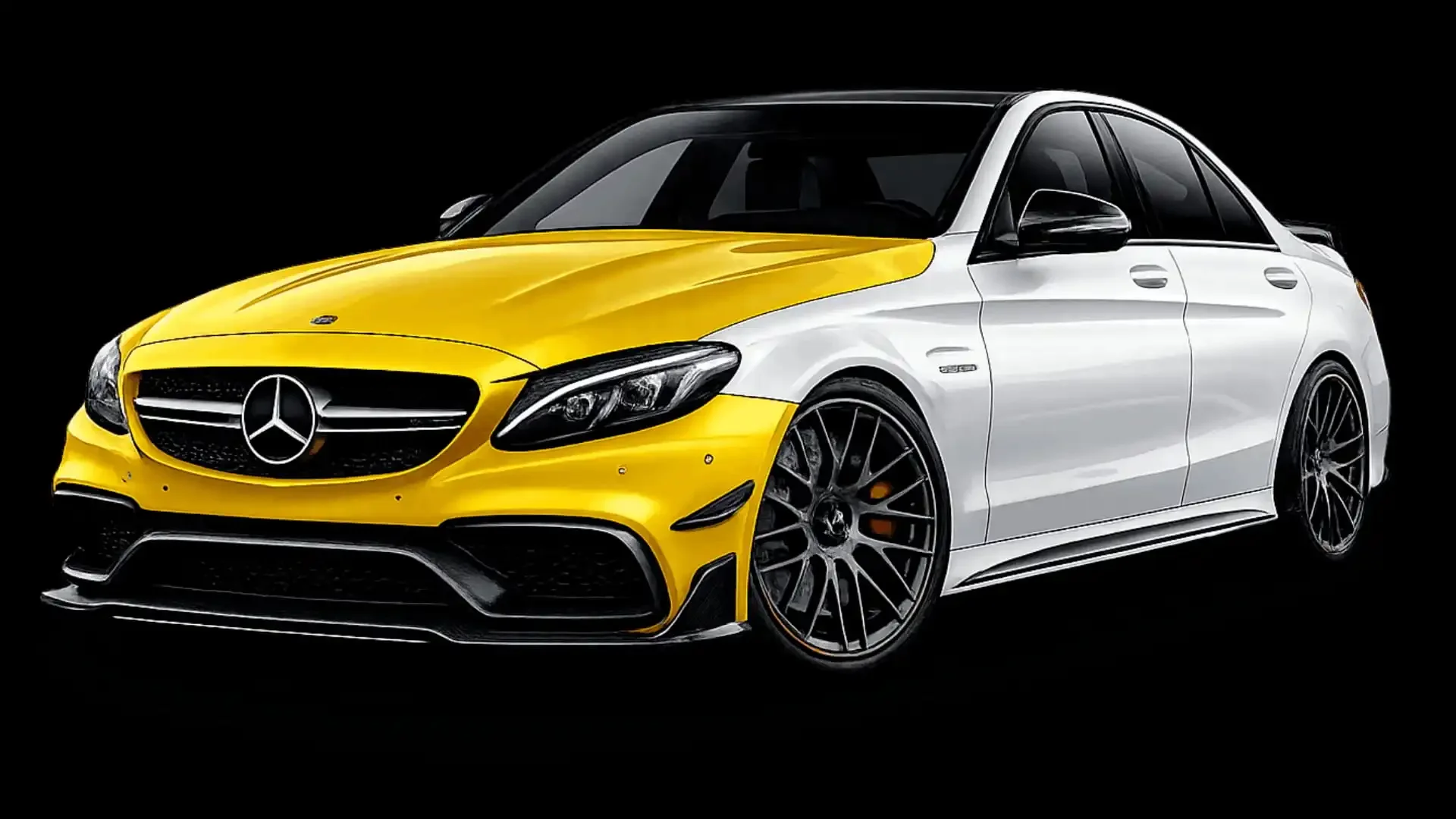 A luxury Mercedes-Benz sedan with a yellow front and white sides, black grille, and black wheels against a black background.