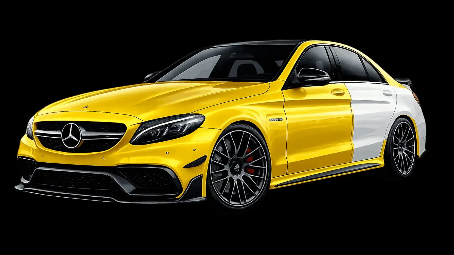 A yellow Mercedes-Benz luxury car with black accents, featuring sleek design and alloy wheels, set against a black background.