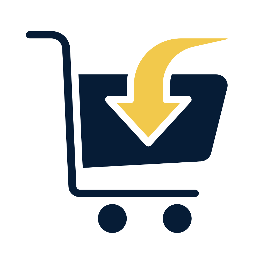 Icon of a shopping cart with a downward arrow indicating a download or adding items.