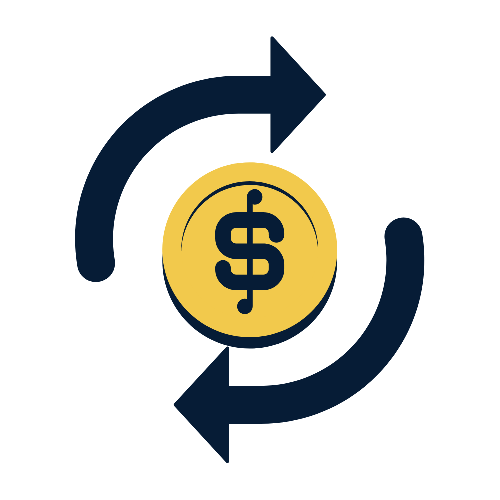 A graphic showing two arrows forming a circle around a gold coin with a dollar sign, representing financial cycles or money exchange.