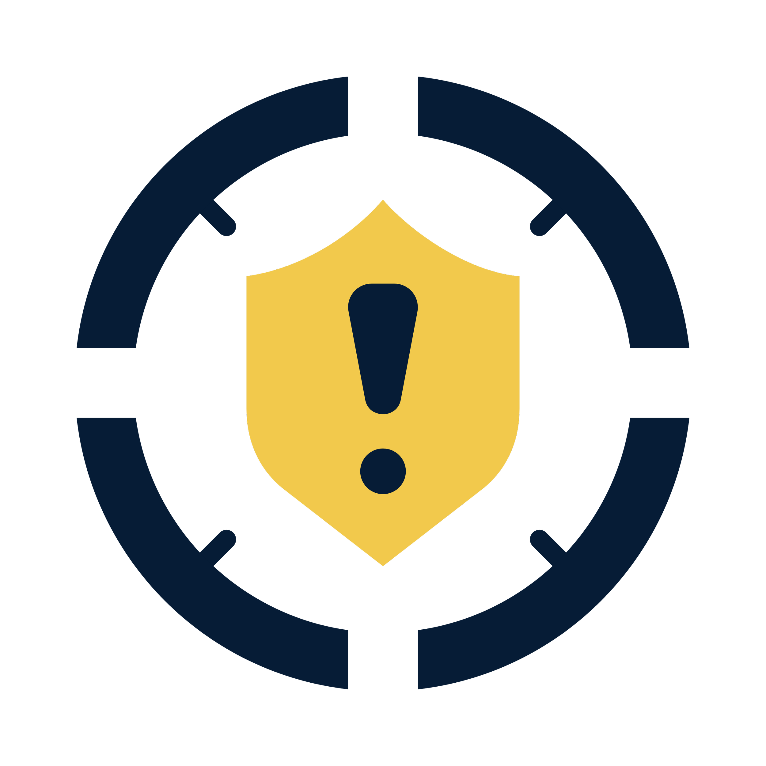 Security warning icon with a yellow shield and an exclamation mark in the center, surrounded by a dark blue circular outline.