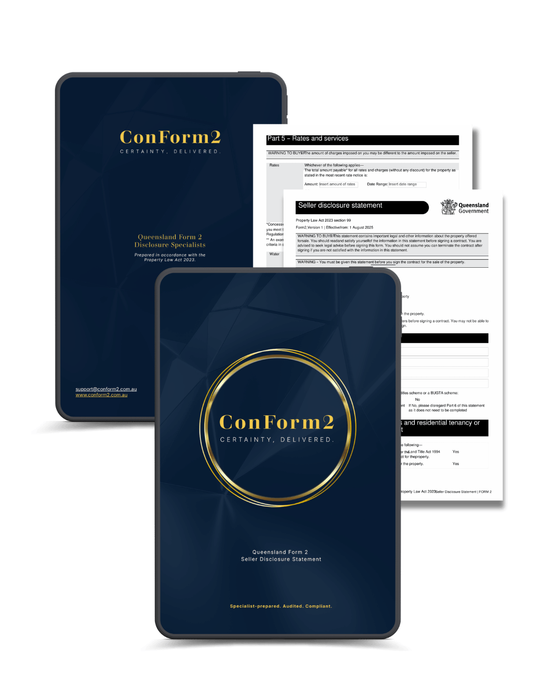 Cover and pages of a Queensland Form 2 Seller Disclosure Statement booklet, with dark blue and gold design, including legal and property information pages.
