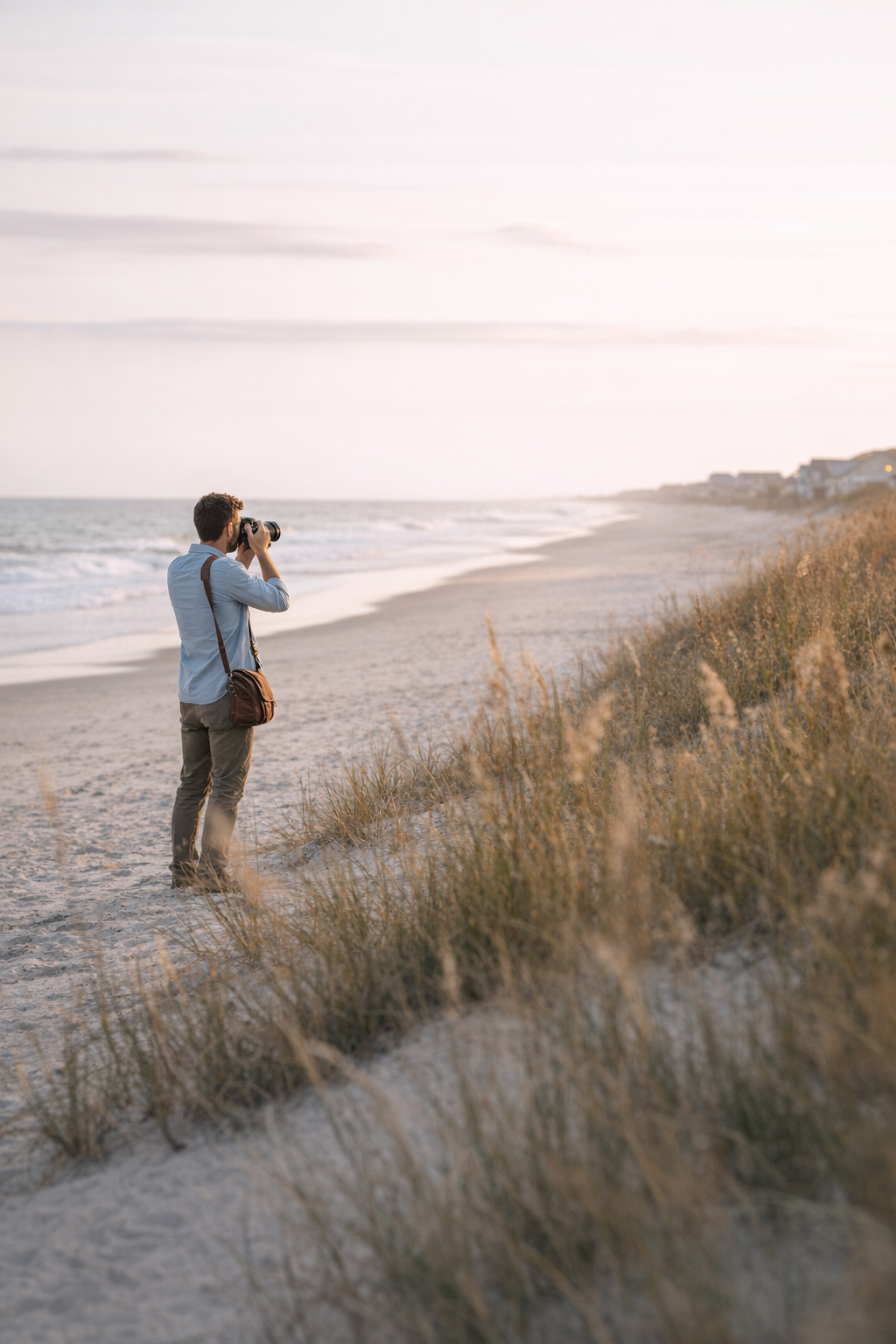 A person takes a photo on a beach during sunset, with sand dunes and grasses in the foreground and a row of houses in the background.