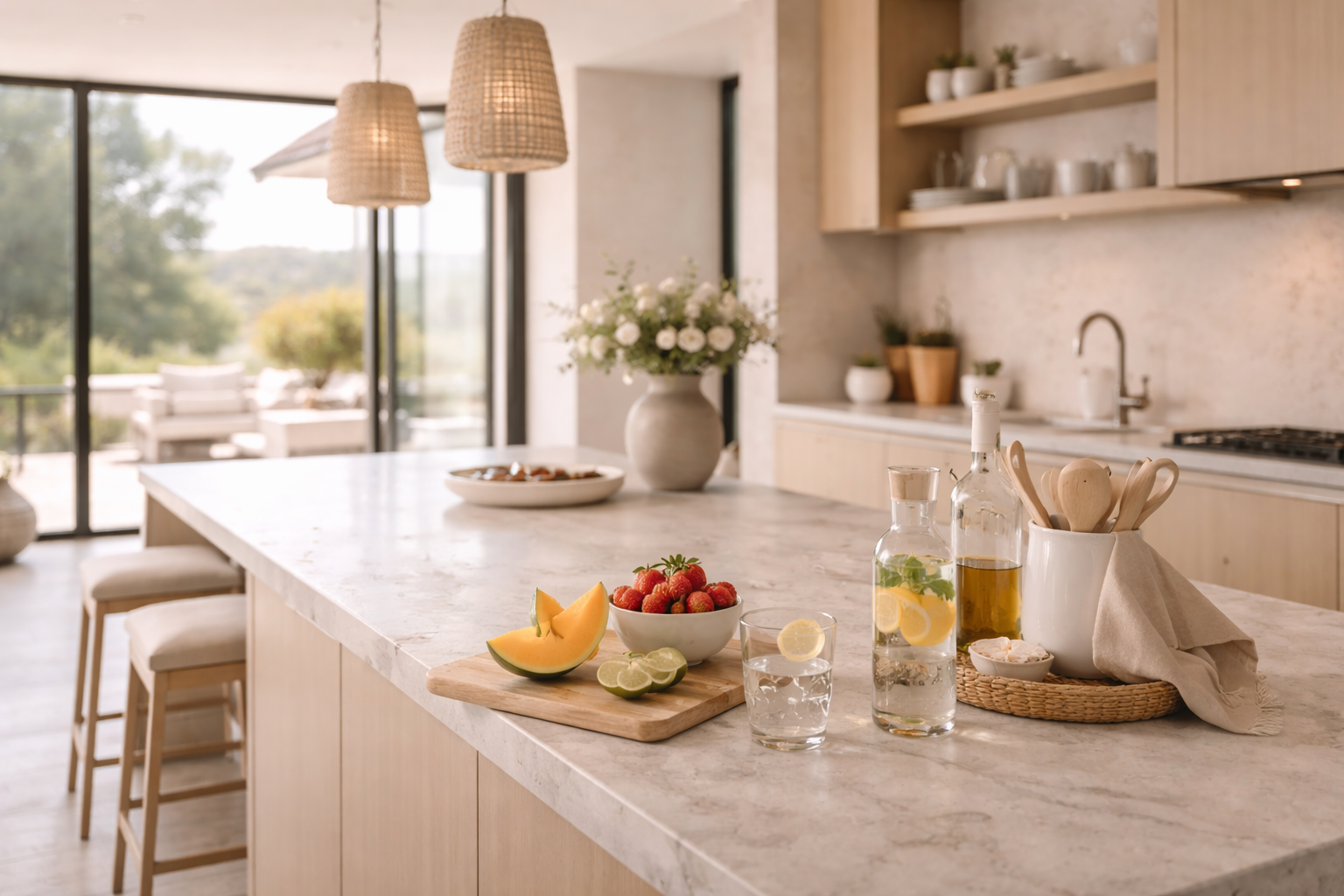 Bright modern kitchen in a private luxury residence featuring marble island, natural wood cabinetry, and curated home details at Havenridge Collection