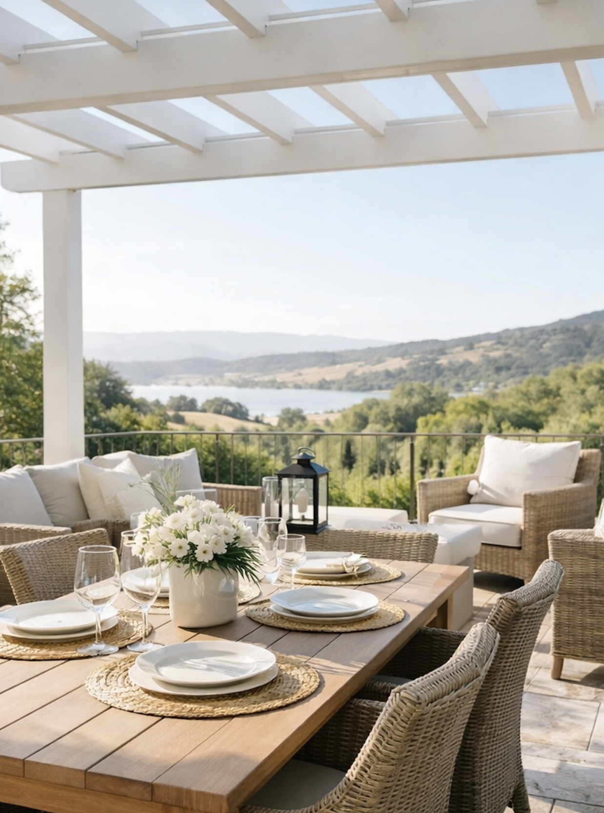 Light-filled outdoor patio with seating and scenic views at a Havenridge Collection residence