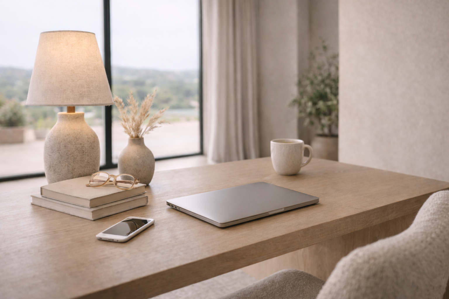 Light-filled home workspace with neutral tones, closed laptop, ceramic lamp, and natural wood desk in a Havenridge Collection residence