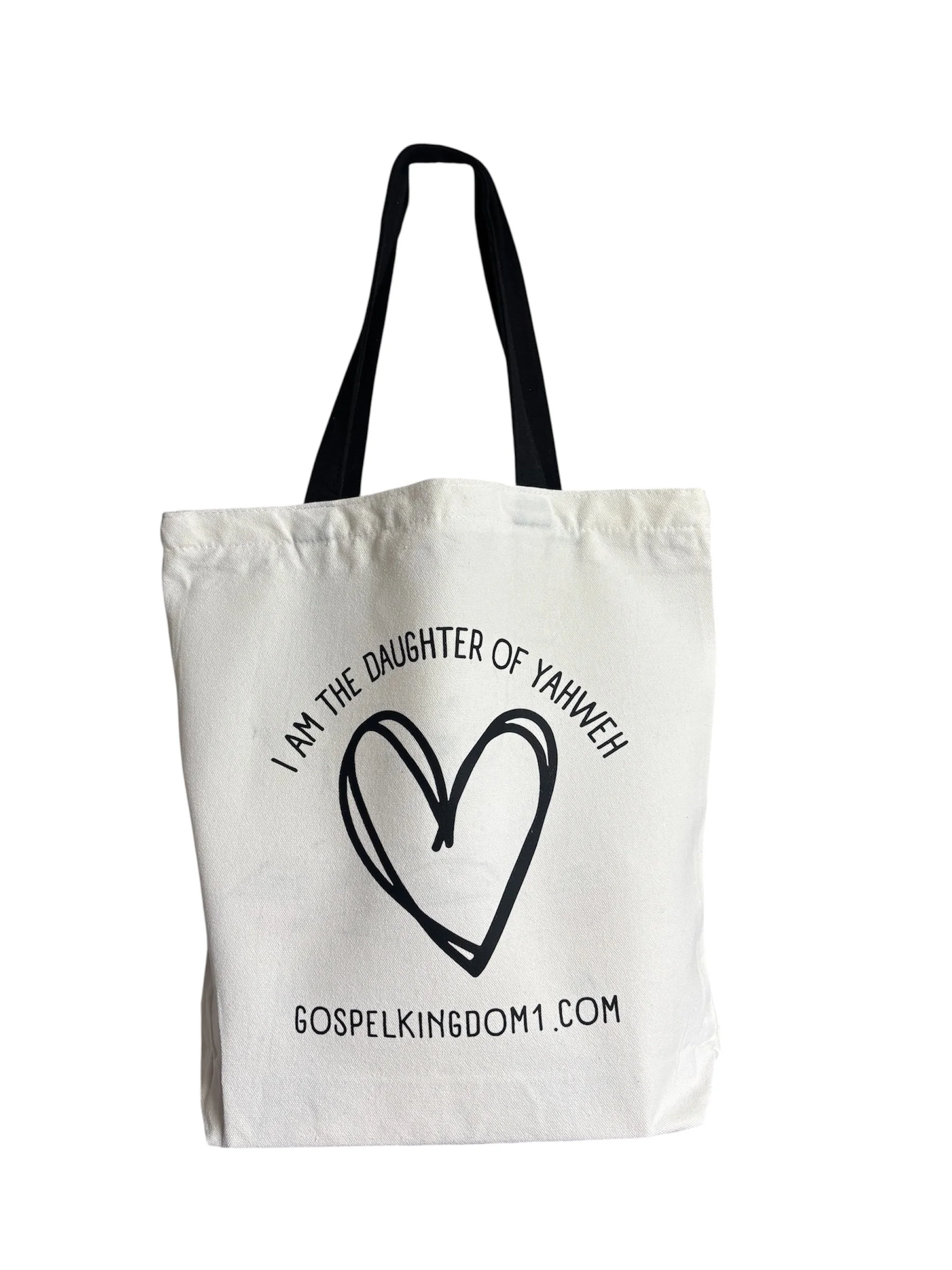 Double Sided 'Daughter of Yahweh' WHITE Cotton Tote Bag with BLACK handles and zipper.