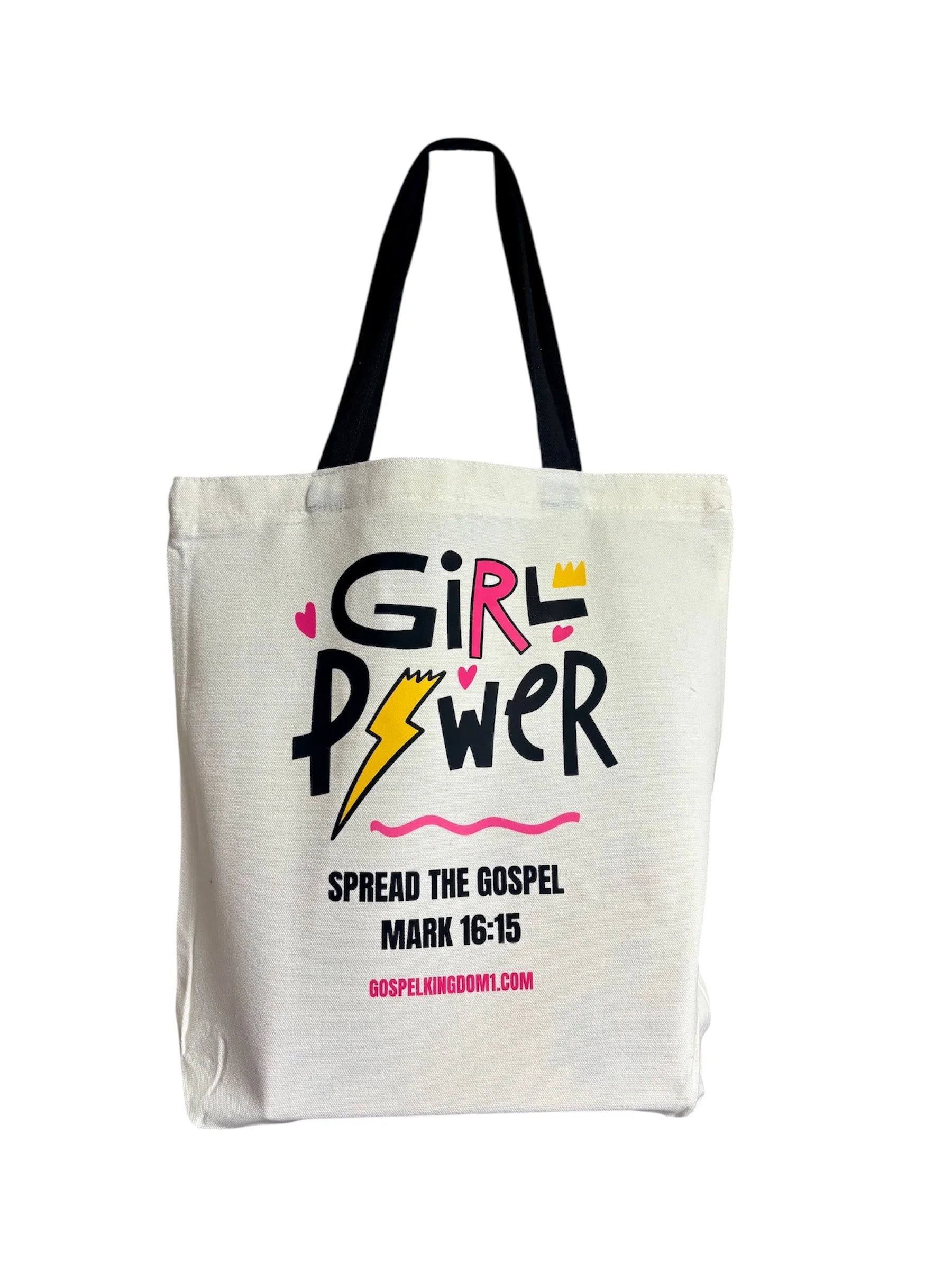 Double Sided 'Girl Power' WHITE Canvas Tote Bag with BLACK handles and zipper.