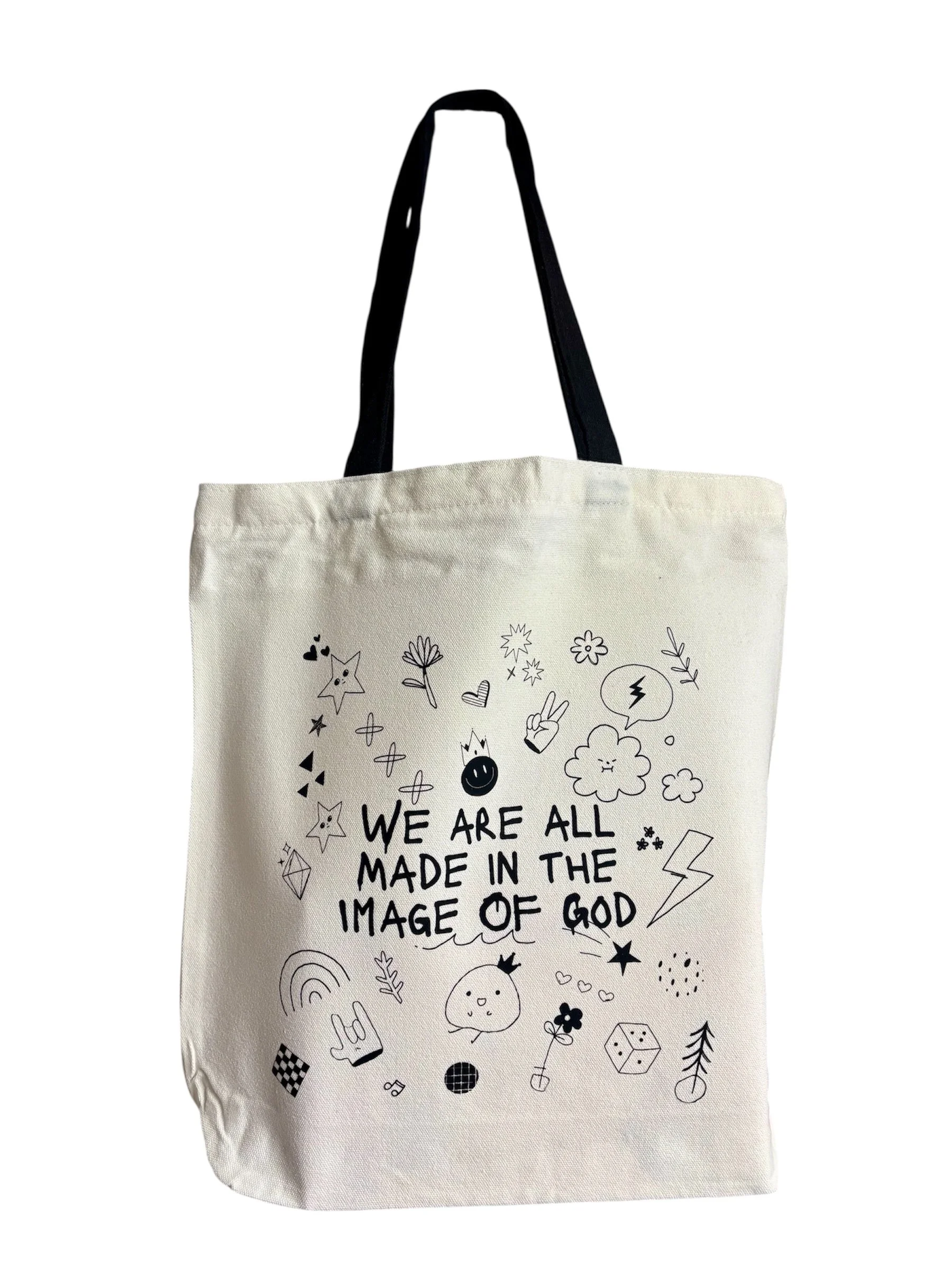 Double Sided 'Image of God' WHITE Canvas Tote Bag with Black handles and zipper.