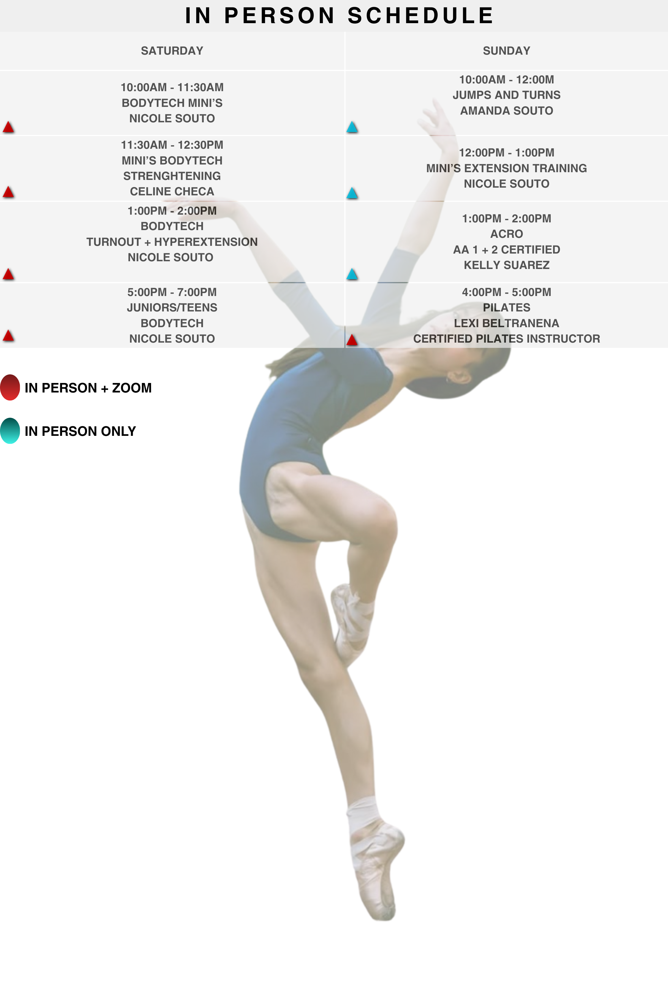 Schedule of in-person and zoom fitness classes for Saturday and Sunday with various times and instructors. The background features a ballet dancer in a stretching pose.