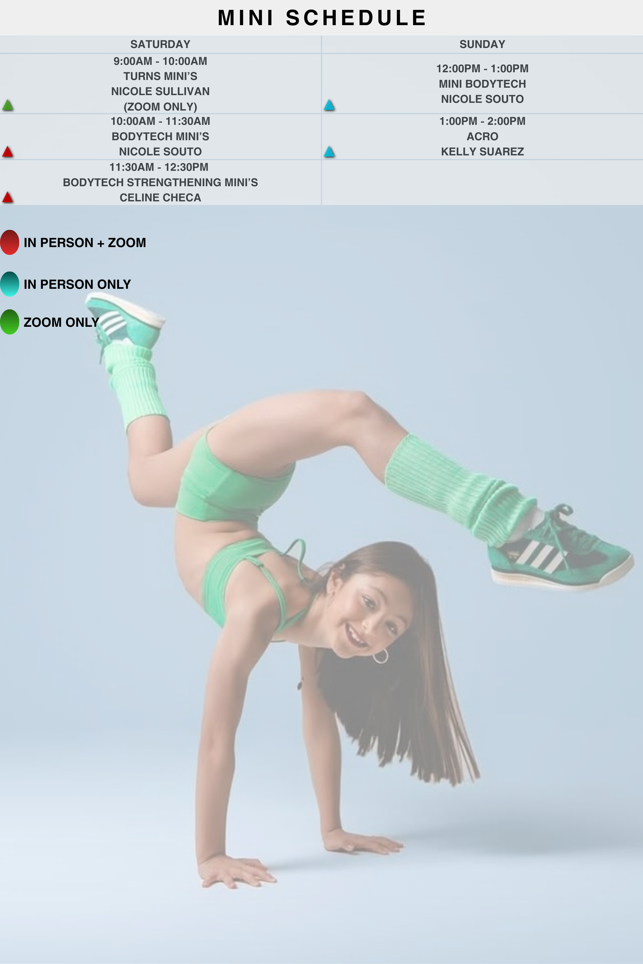 A woman in a handstand pose, wearing green athletic wear, green leg warmers, and sneakers, with a mini schedule chart of fitness classes in the background.