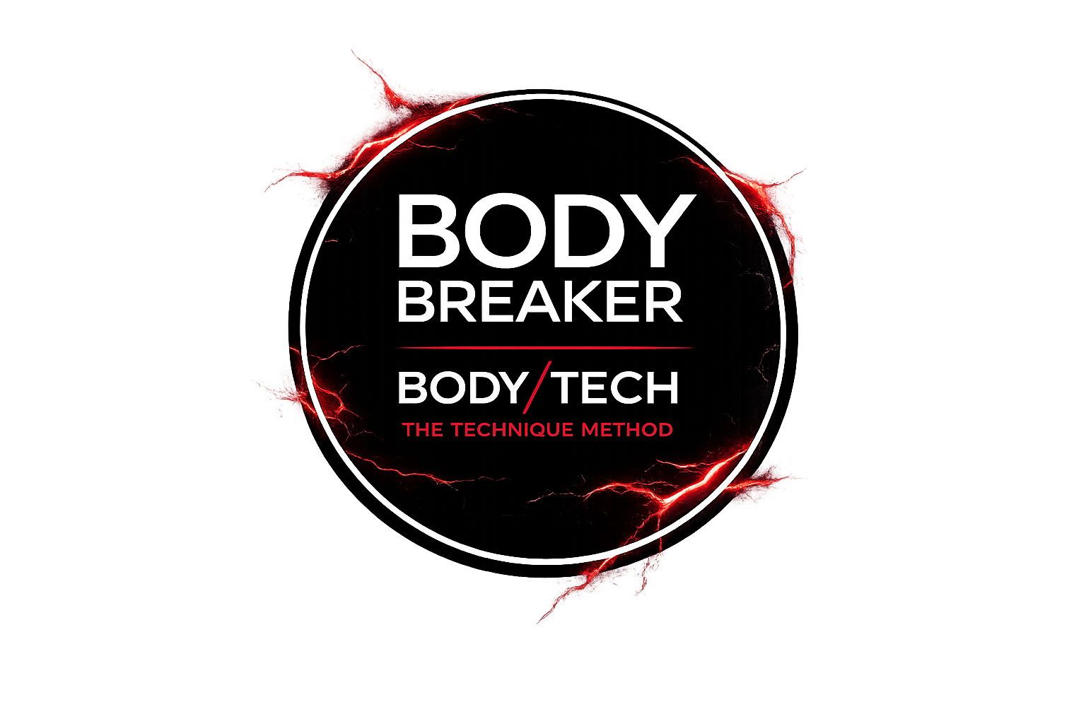 Black circular emblem with white and red text, surrounded by red lightning effects, reads 'Body Breaker' and 'Body/Tech, The Technique Method'.
