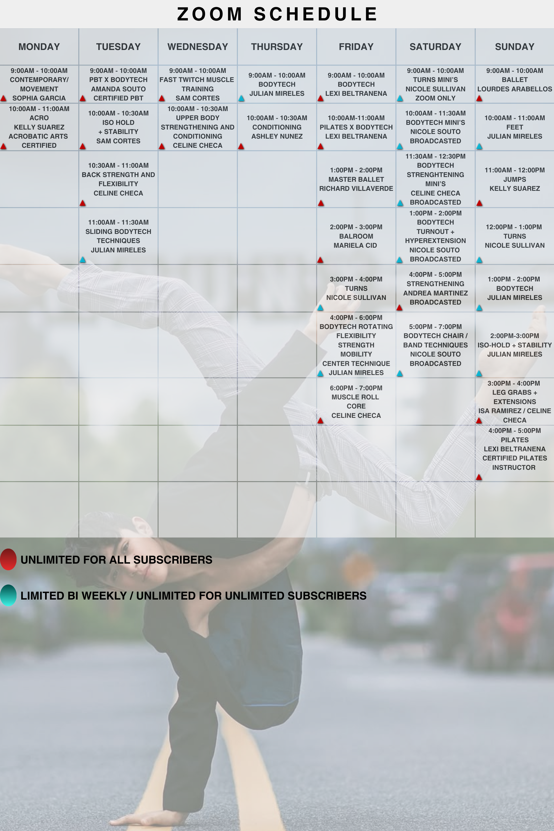 Zoom class schedule overlay with days Monday through Sunday listing various fitness classes and times, behind a person doing a handstand on the street.